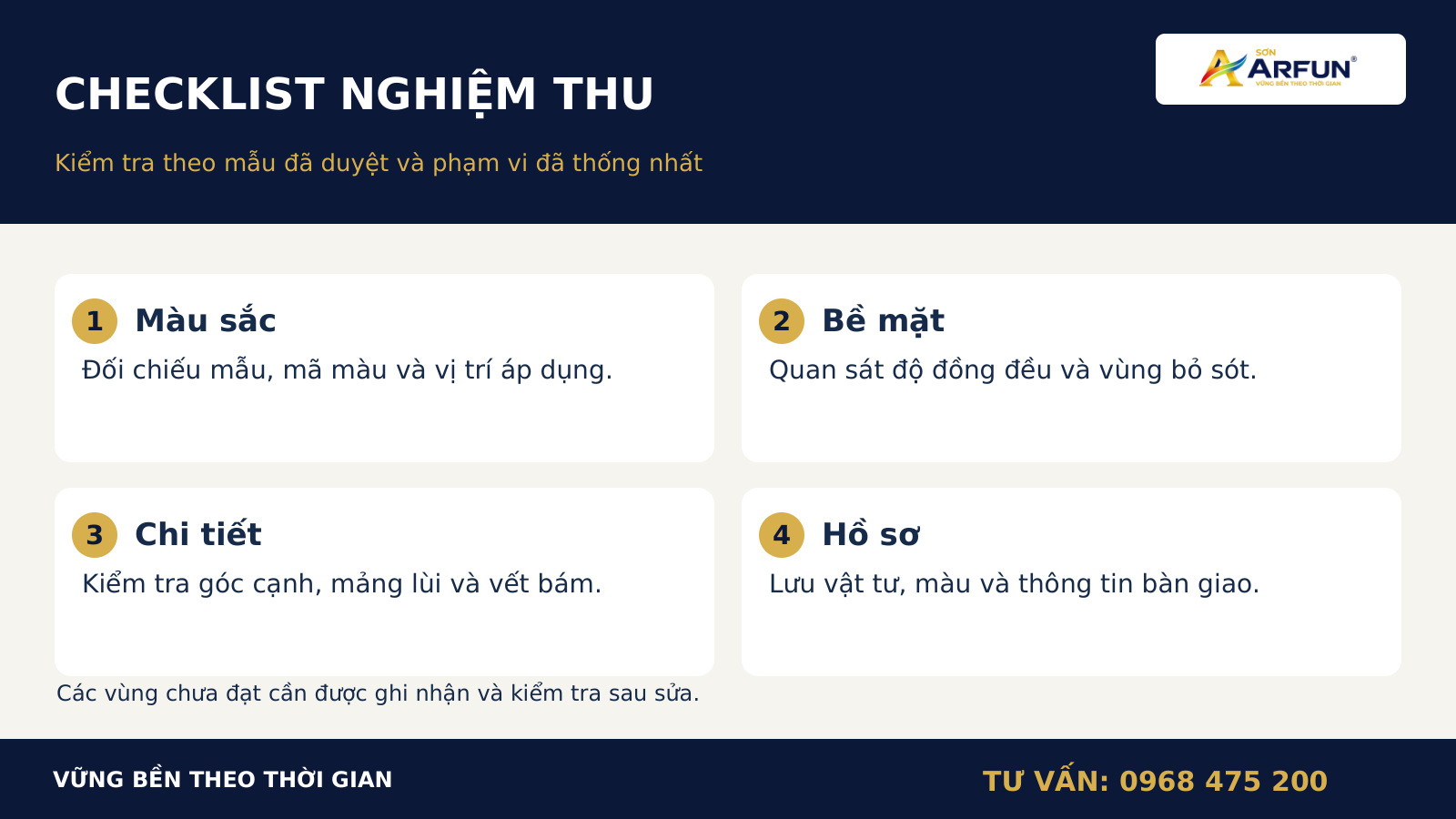 Checklist kiểm tra màu sắc, bề mặt và hồ sơ sau sơn.